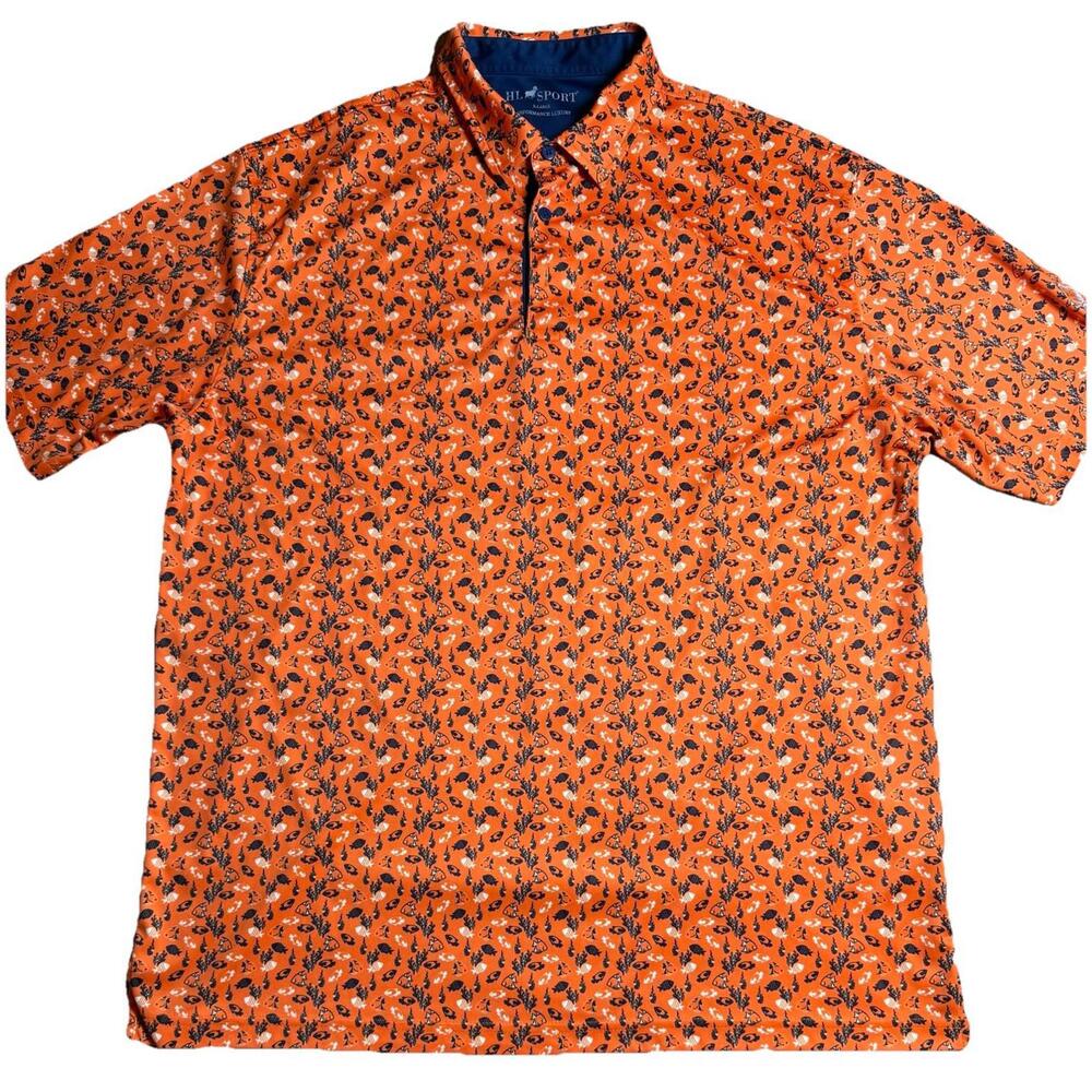HL Sport Polo Shirt Mens Performance Large Granite Falls Orange Fish Print